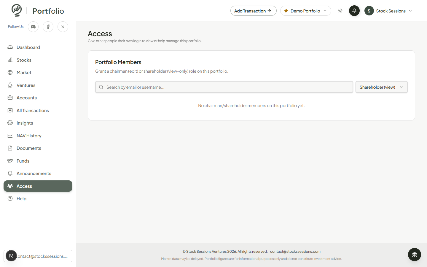 Access page with Portfolio Members search and role selector