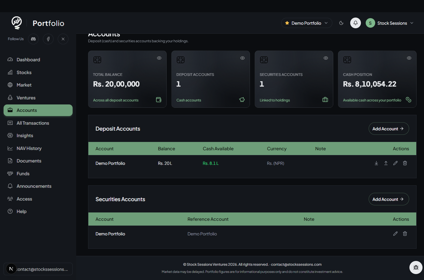 Accounts page with Deposit Accounts and Securities Accounts tables