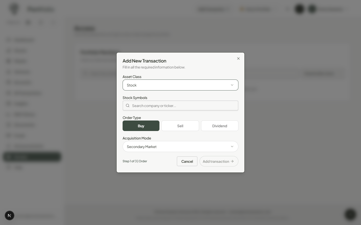 Add New Transaction dialog step 1: Asset Class, Stock Symbols, Order Type, Acquisition Mode