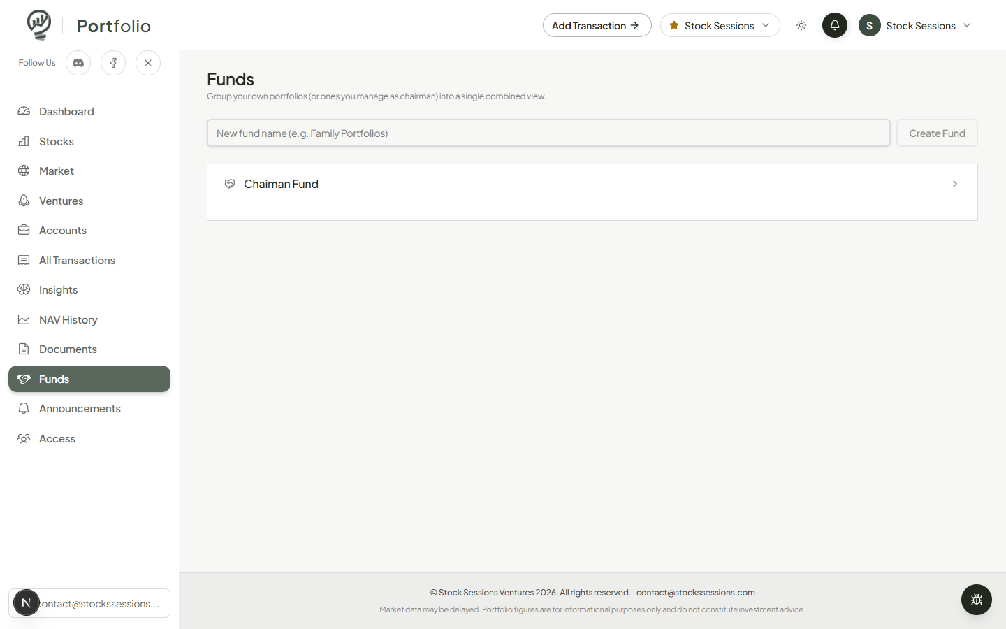Funds page with a create-fund input and a Chairman Fund listed