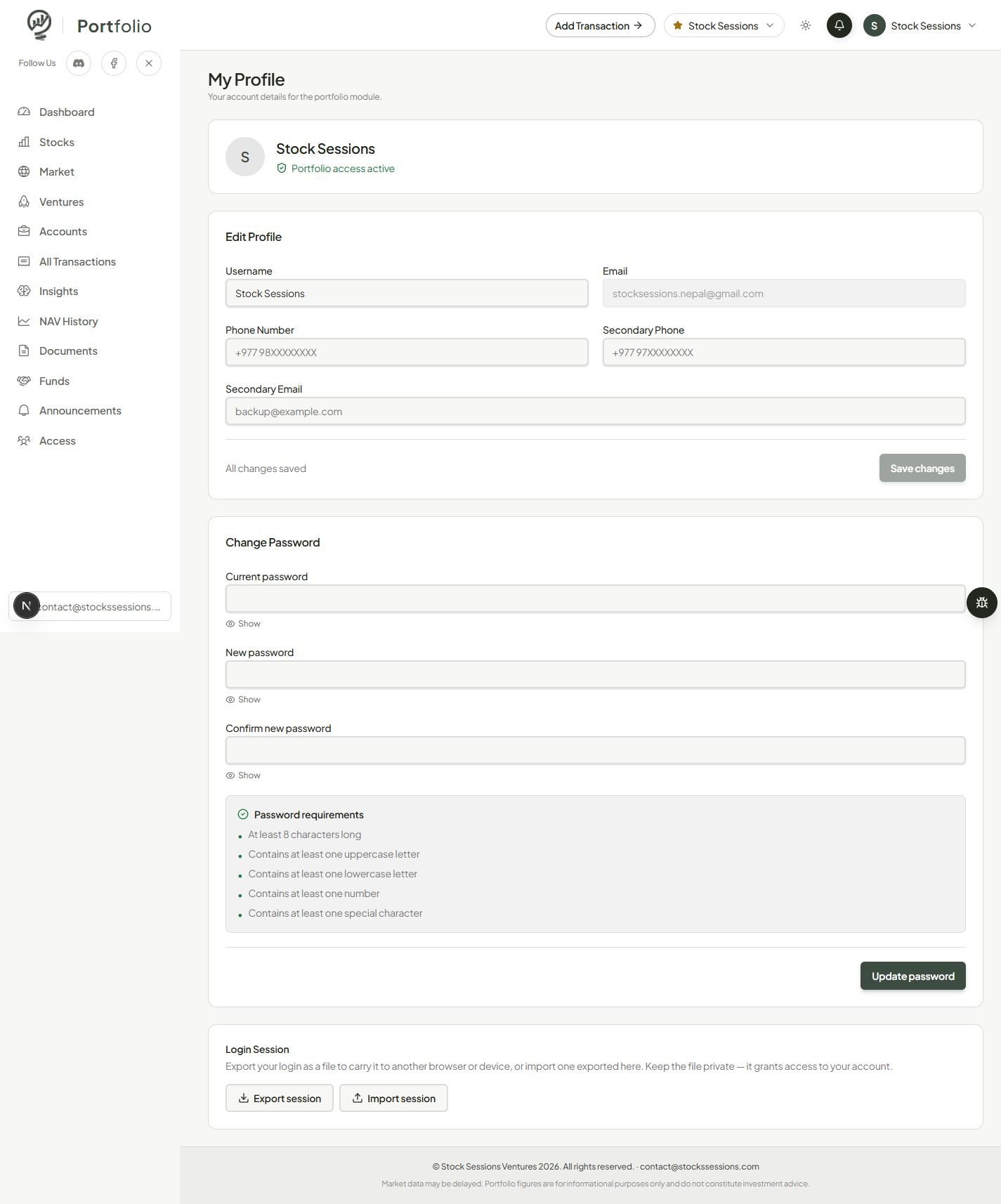 My Profile page with Edit Profile, Change Password, and Login Session